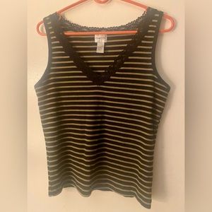 Chico’s black tan striped lace trimmed tank top.  98% cotton 2% spandex. EUC.
